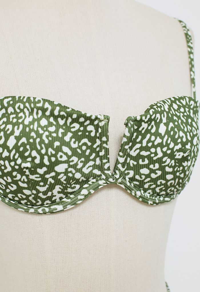 Leopard Print Bikini Set with Sarong in Moss Green