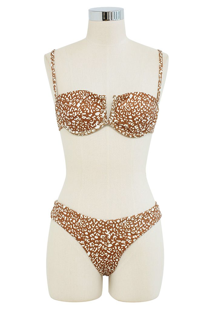 Leopard Print Bikini Set with Sarong in Brown