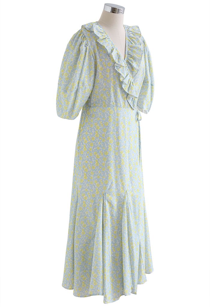 Ruffle Trim V-Neck Floret Chiffon Dress in Light Blue