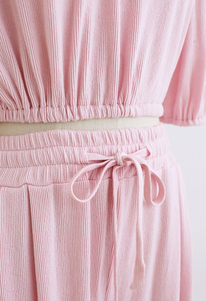 Off-Shoulder Crop Top and Pants Set in Pink