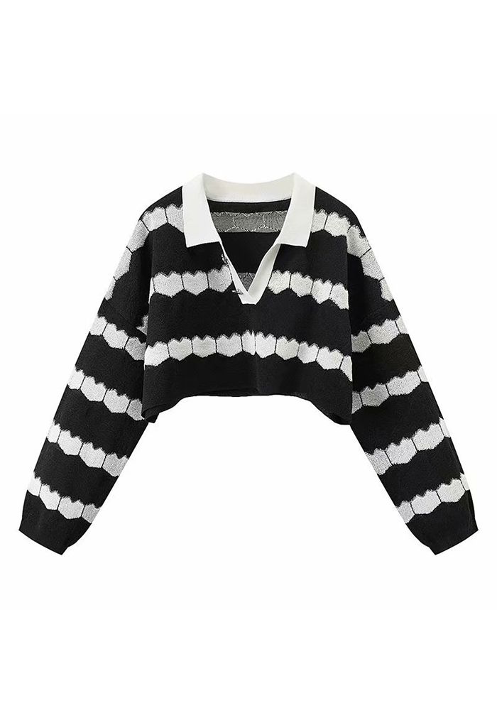 Striped Heart Polo Knit Crop Top