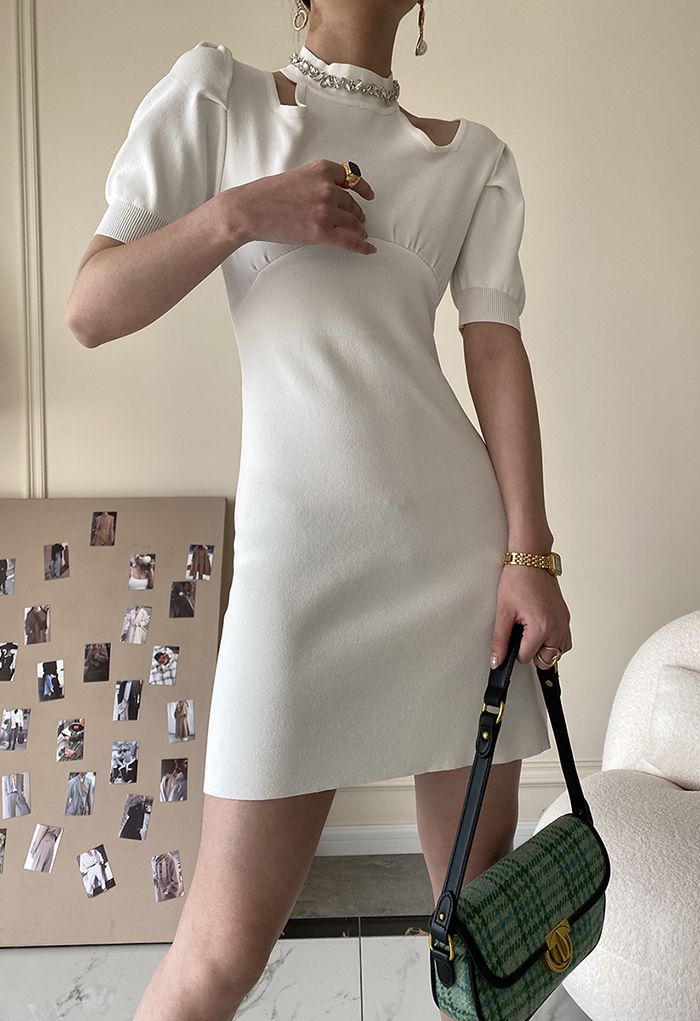 Crystal Trim Neck Cutout Shoulder Knit Dress in White