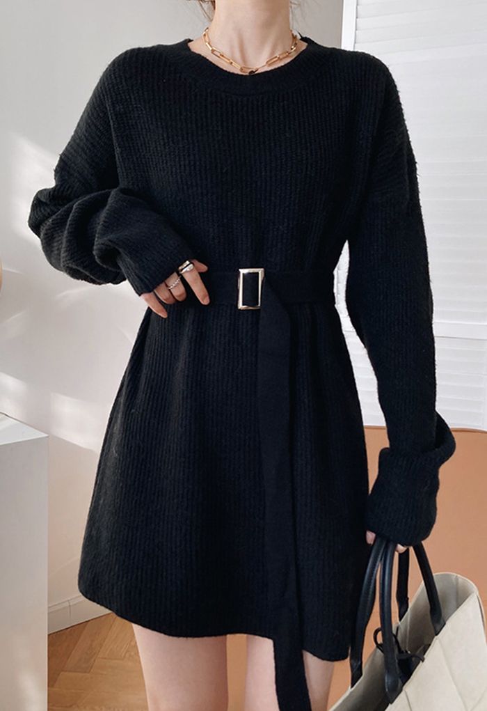 Belted Ribbed Longline Sweater in Black