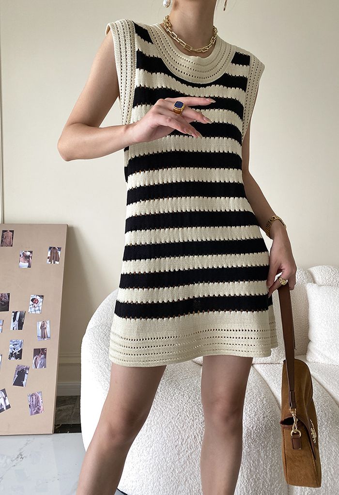 Hollow Out Striped Knit Sleeveless Dress