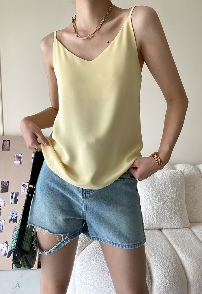 V-Neck Satin Cami Top in Light Yellow