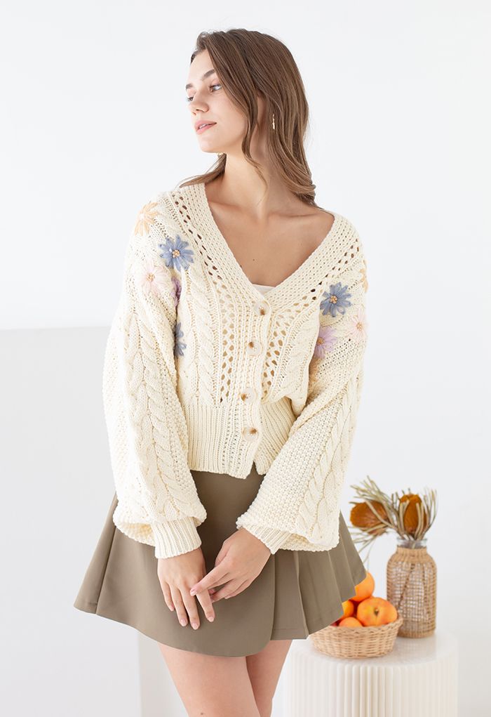 Stitched Flowers Braided Hand Knit Cardigan in Cream