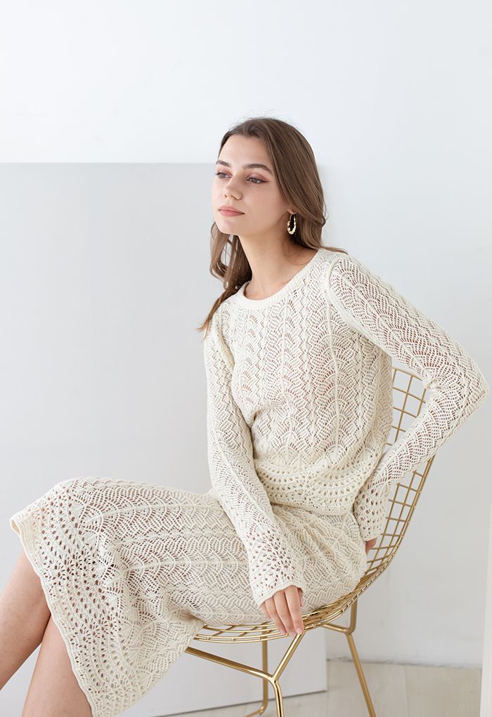 Hollow Scalloped Knit Sweater and Skirt Set