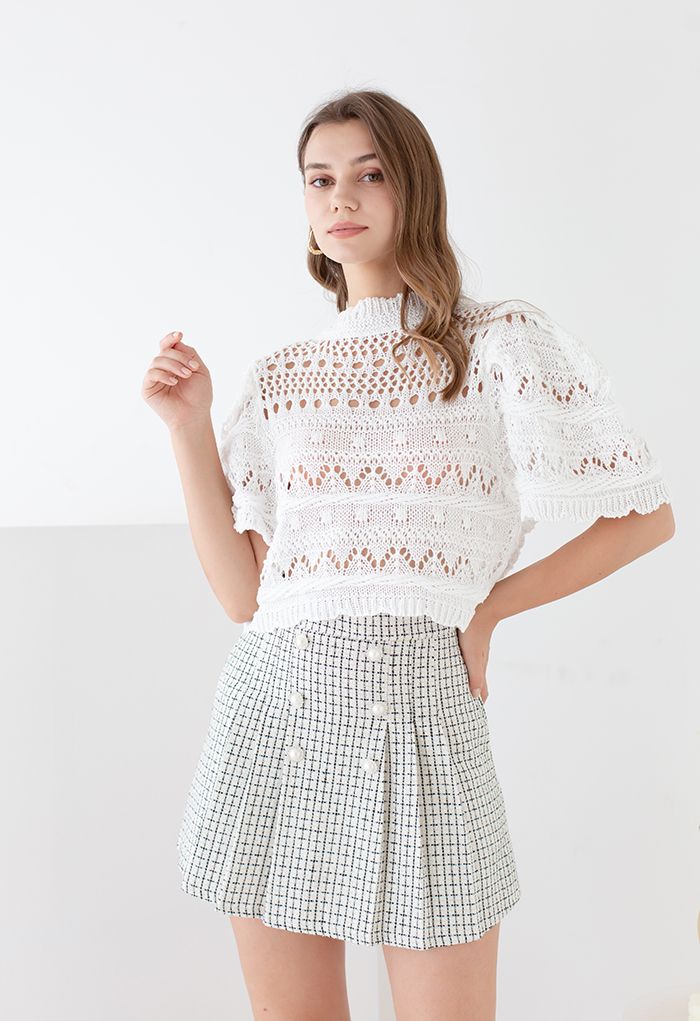 Puff Sleeves Hollow Out Crop Top in White