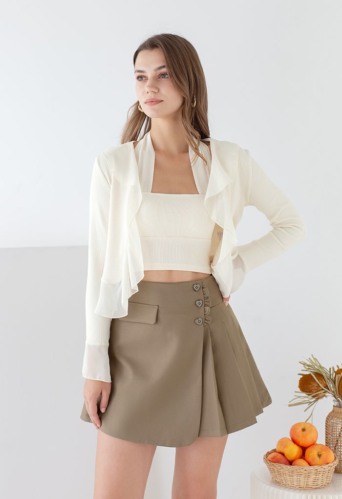 Heart Shape Buttons Pleated Mini Skirt in Brown