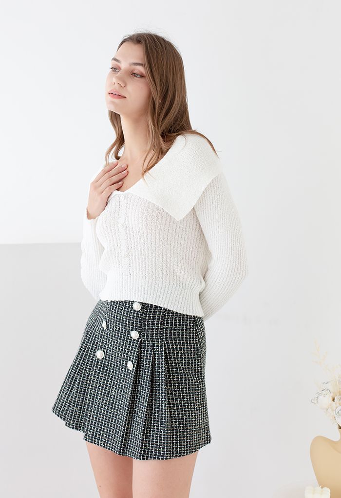 Pearl Button Check Tweed Mini Skirt in Black