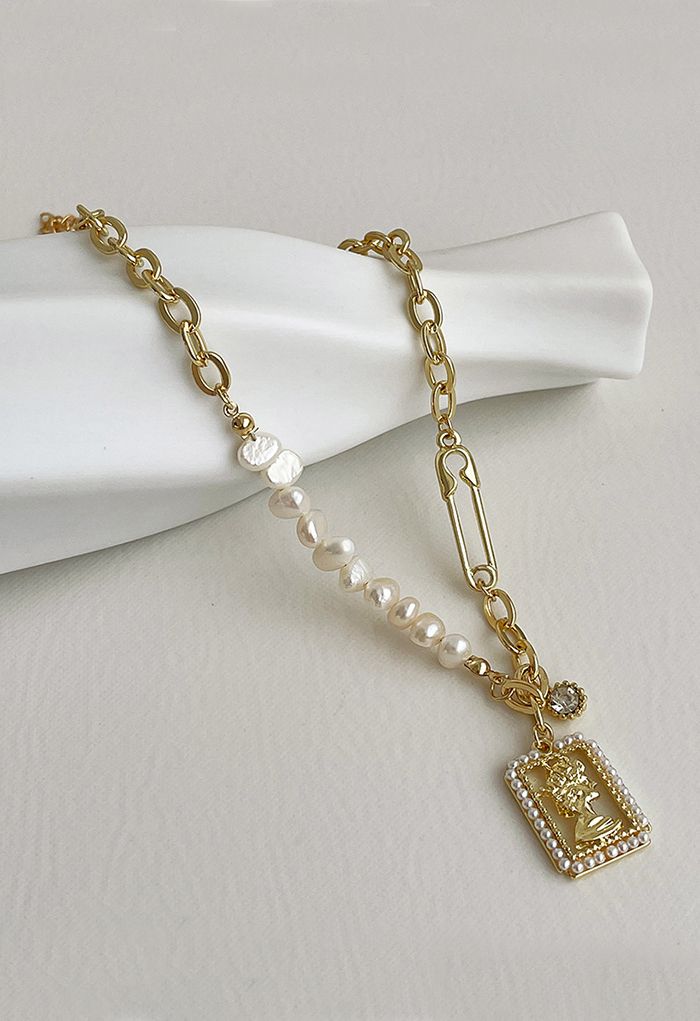 Gold Head Pendant Pearl Trim Pin Necklace