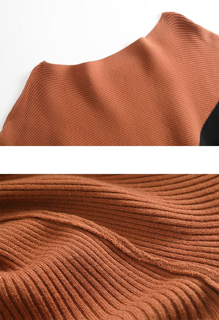 Two-Tone Boat Neck Batwing Sleeve Sweater in Caramel