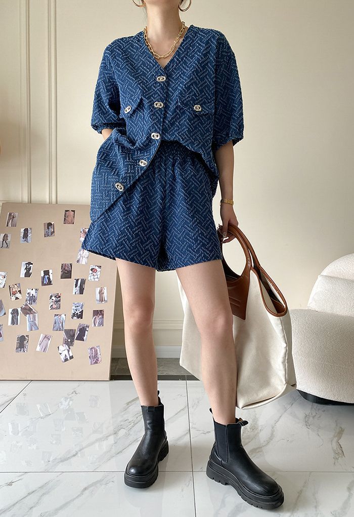 Modern Puff Sleeve Denim Top and Shorts Set in Navy