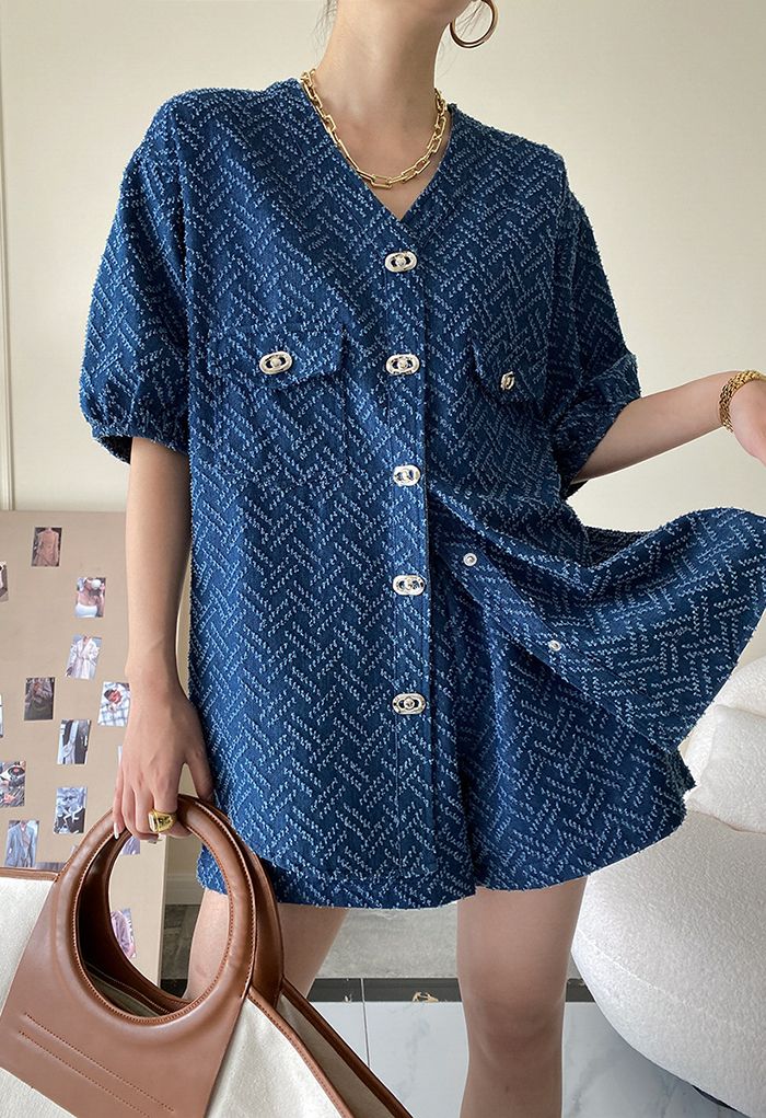 Modern Puff Sleeve Denim Top and Shorts Set in Navy