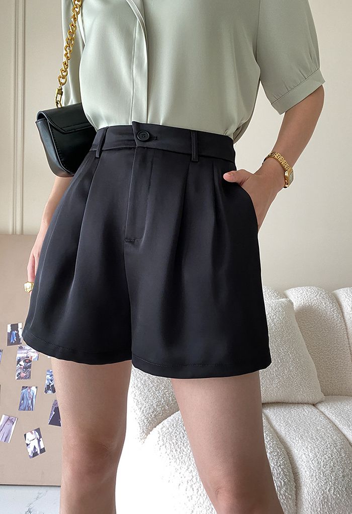 Classic Side Pocket Satin Shorts in Black