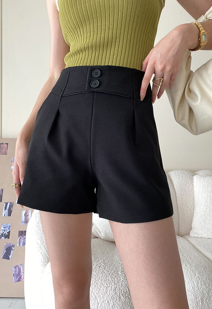 Buttoned High Waist Shorts in Black
