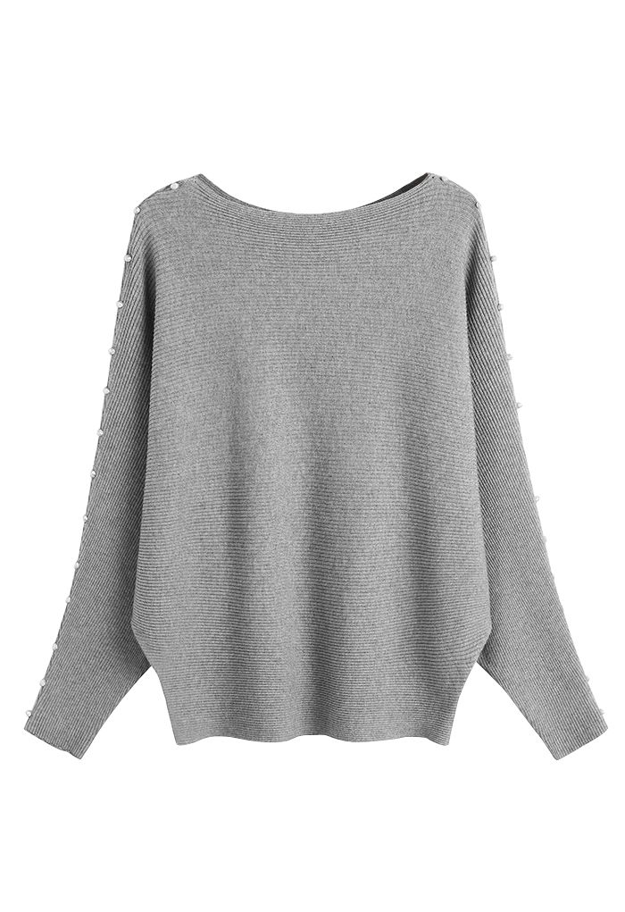 Pearly Batwing Sleeve Knit Sweater in Grey