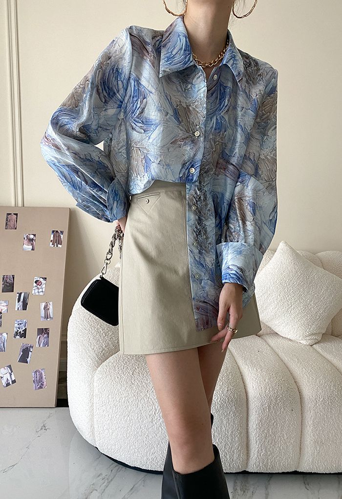 Watercolor Smudge Button Down Shirt in Blue