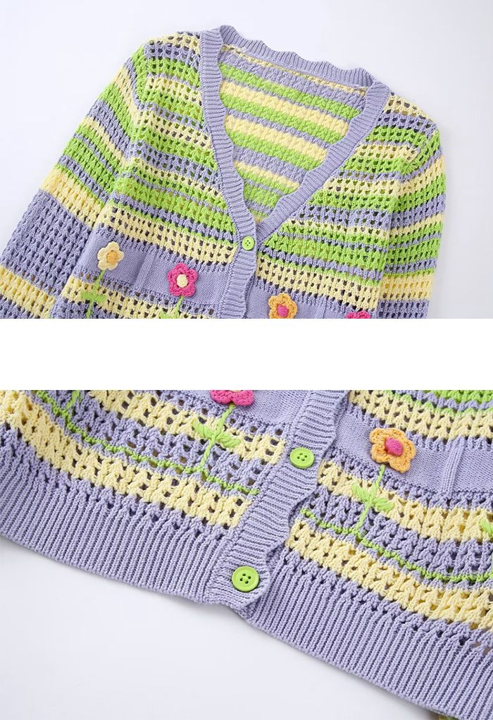 Cutie Flower Color Stripe Buttoned Crop Cardigan