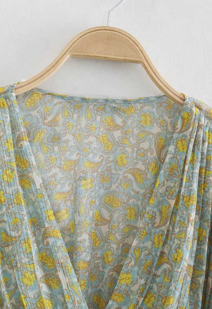 Yellow Flower V-Neck Ruched Chiffon Top