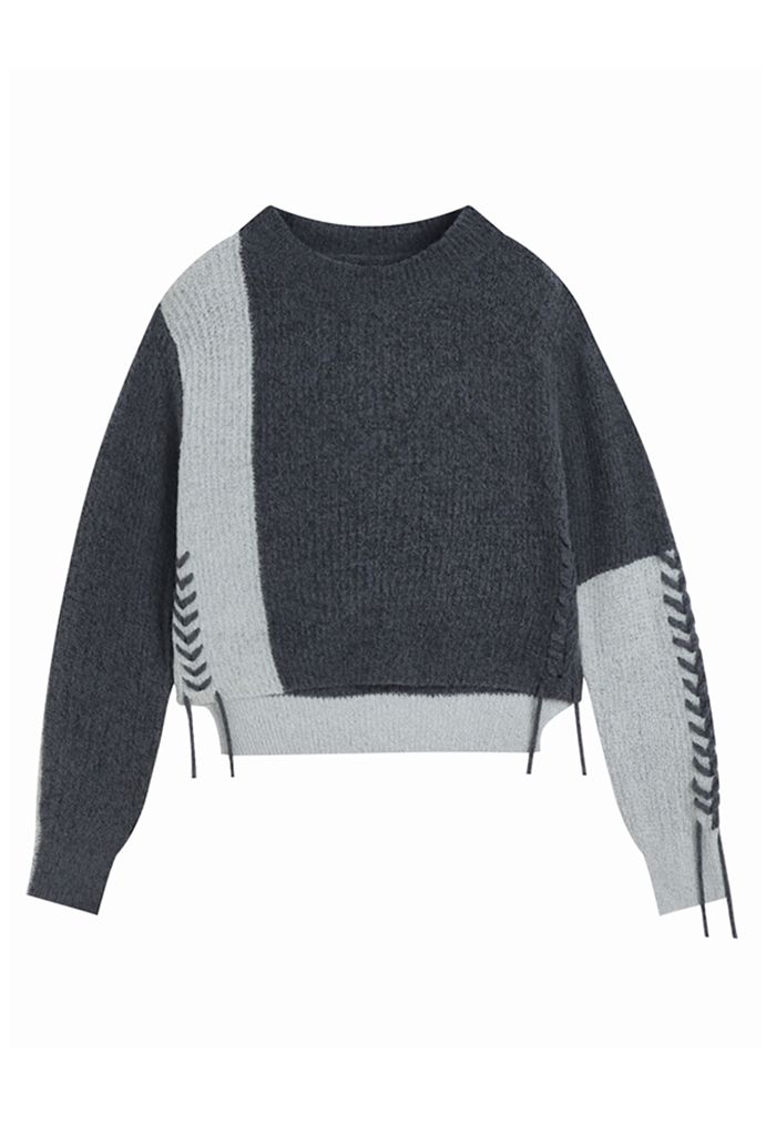 Bicolor Lace-Up Crop Sweater in Smoke