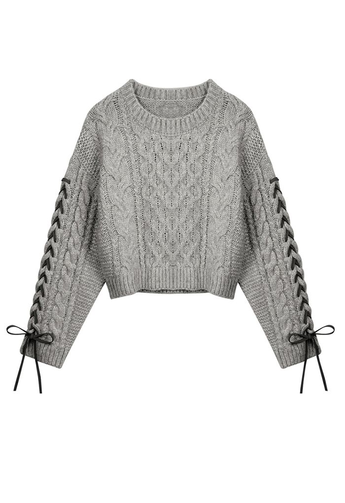 Lace-Up Sleeves Braided Knit Crop Sweater in Grey