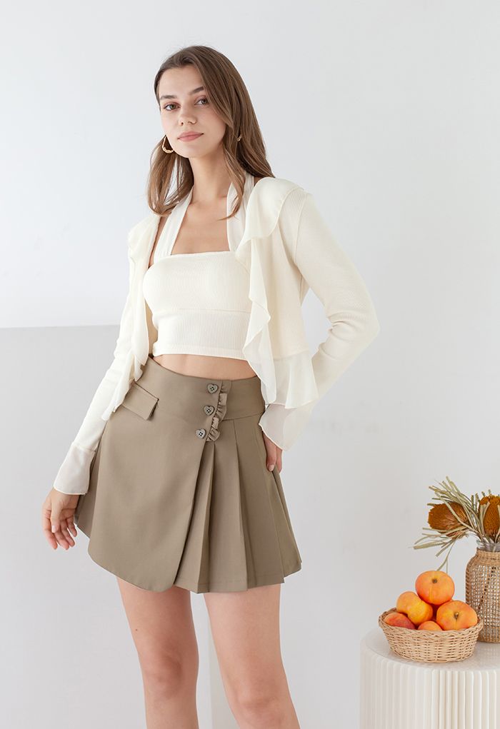 Heart Shape Buttons Pleated Mini Skirt in Brown