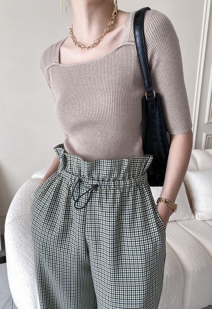Vintage Square Neck Knit Top in Taupe