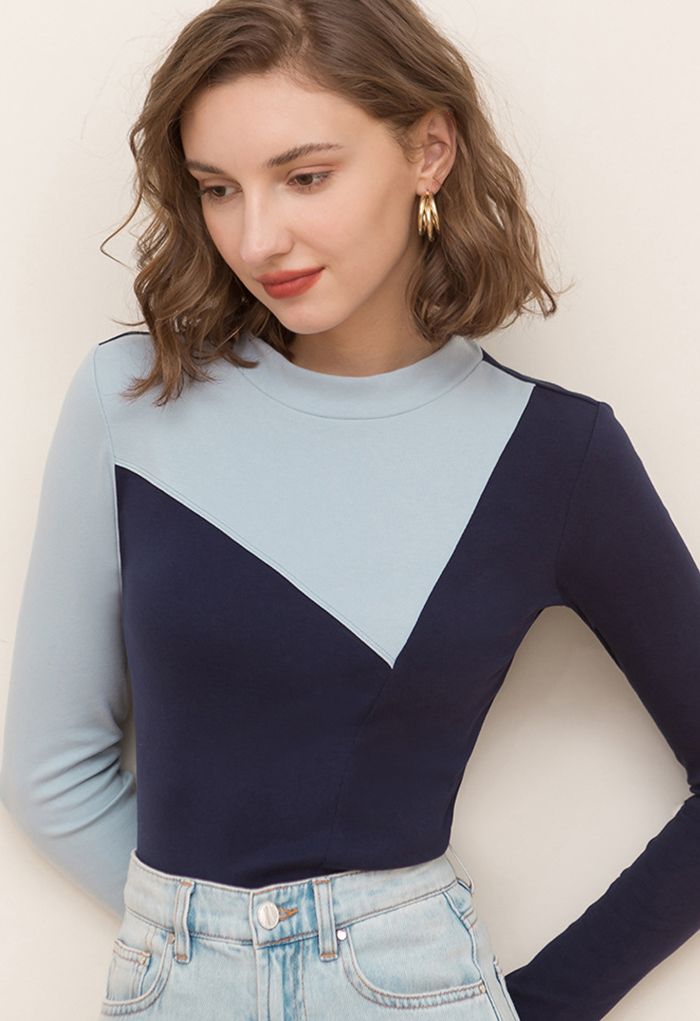 Color Block Crew Neck Fitted Top in Navy