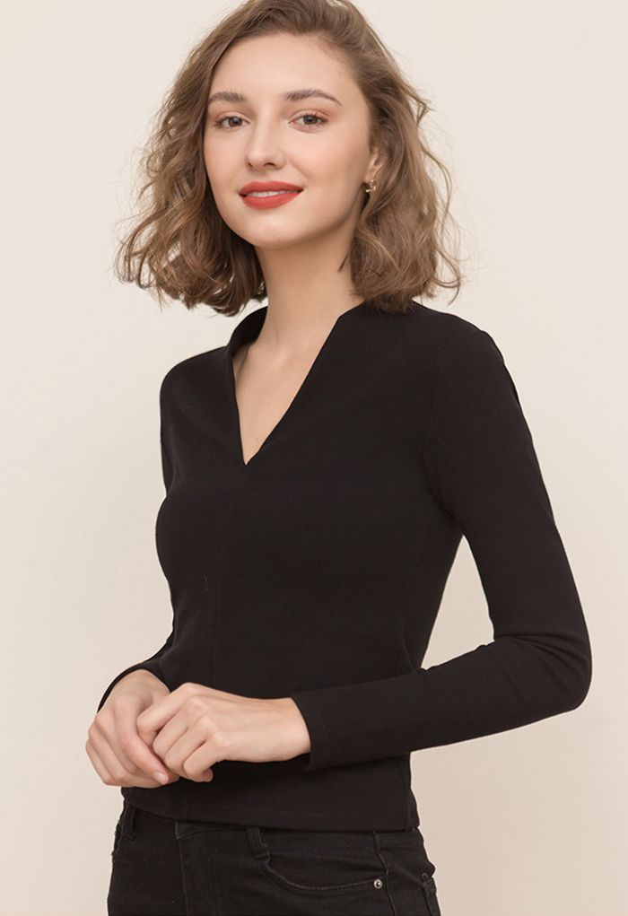 Elegant V-Neck Soft Fitted Top in Black