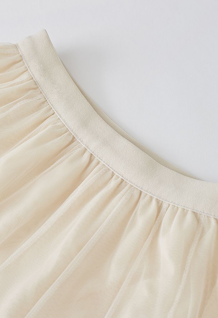 Crystal Embellished Solid Color Tulle Skirt in Cream