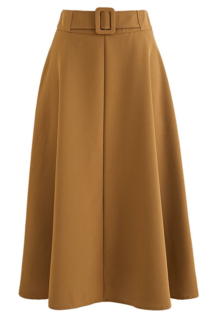 Fake Belt Casual A-Line Midi Skirt in Caramel