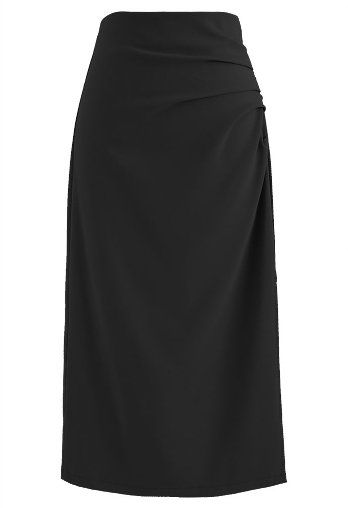 Side Ruched Slit Hem Pencil Skirt in Black