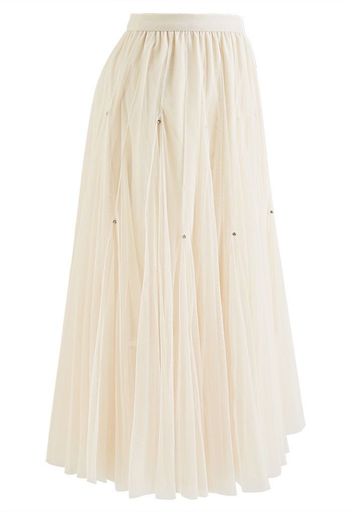 Crystal Embellished Solid Color Tulle Skirt in Cream