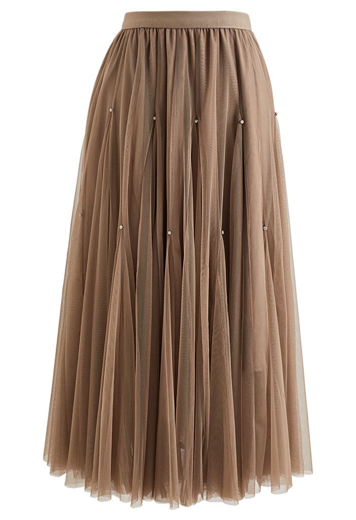 Crystal Embellished Solid Color Tulle Skirt in Brown