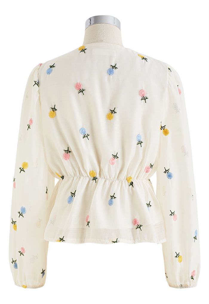 Colorful Floret Embroidery Sheer Peplum Top