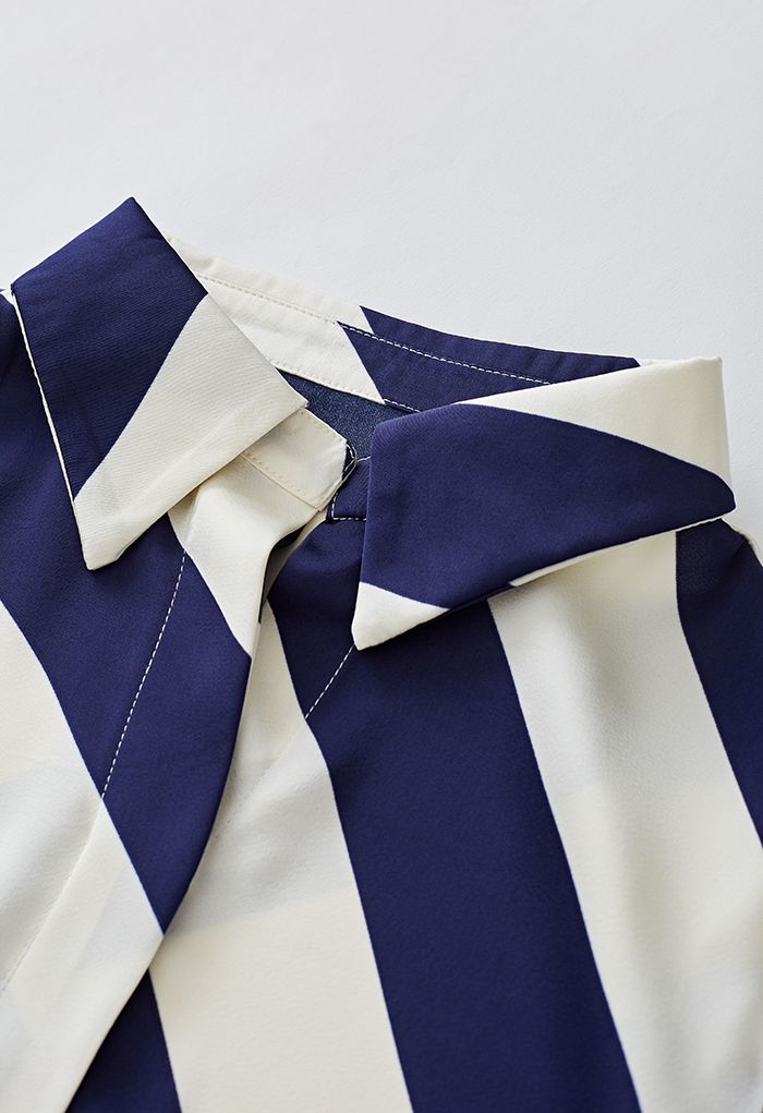 Diagonal Stripe V-Neck Satin Shirt in Navy