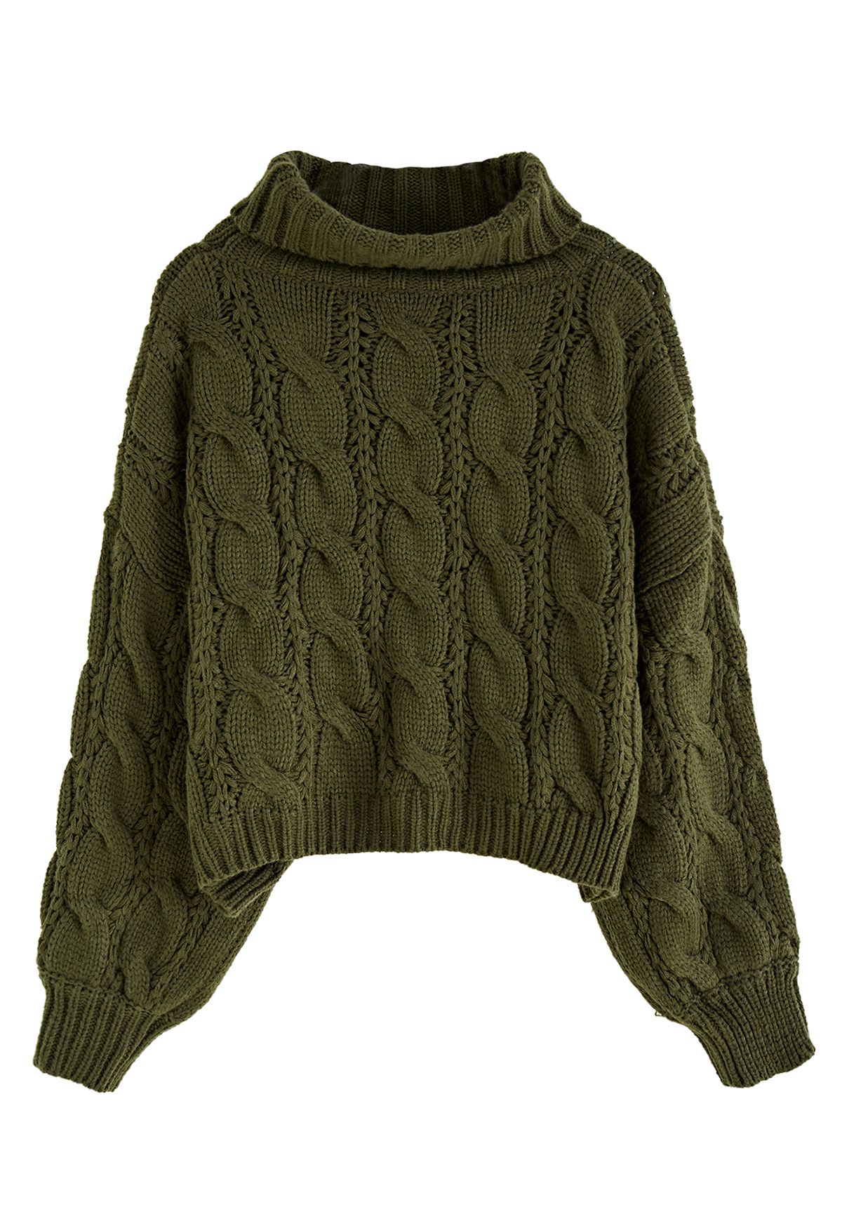 Turtleneck Braid Knit Crop Sweater in Army Green