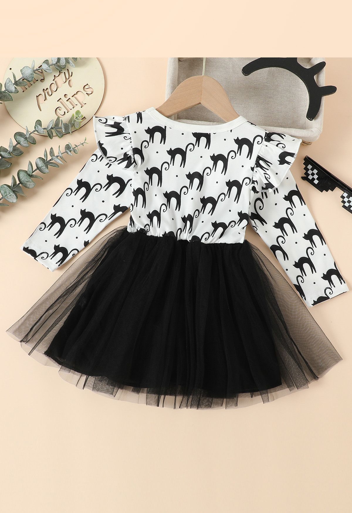 Kids' Black Owl Ruffle Mesh Tulle Spliced Dress in White