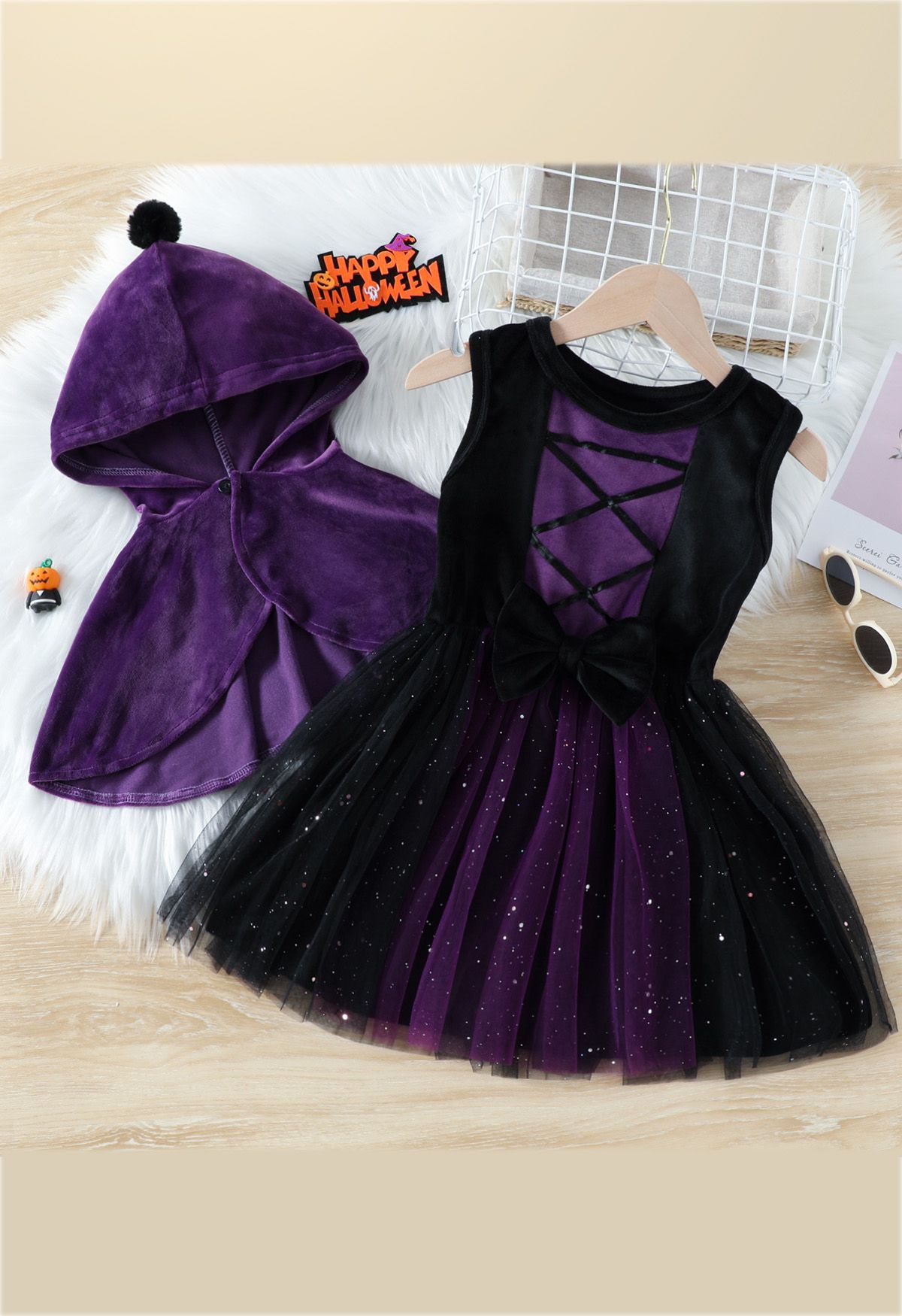 Little Princess Glittery Mesh Dress with Hooded Cape
