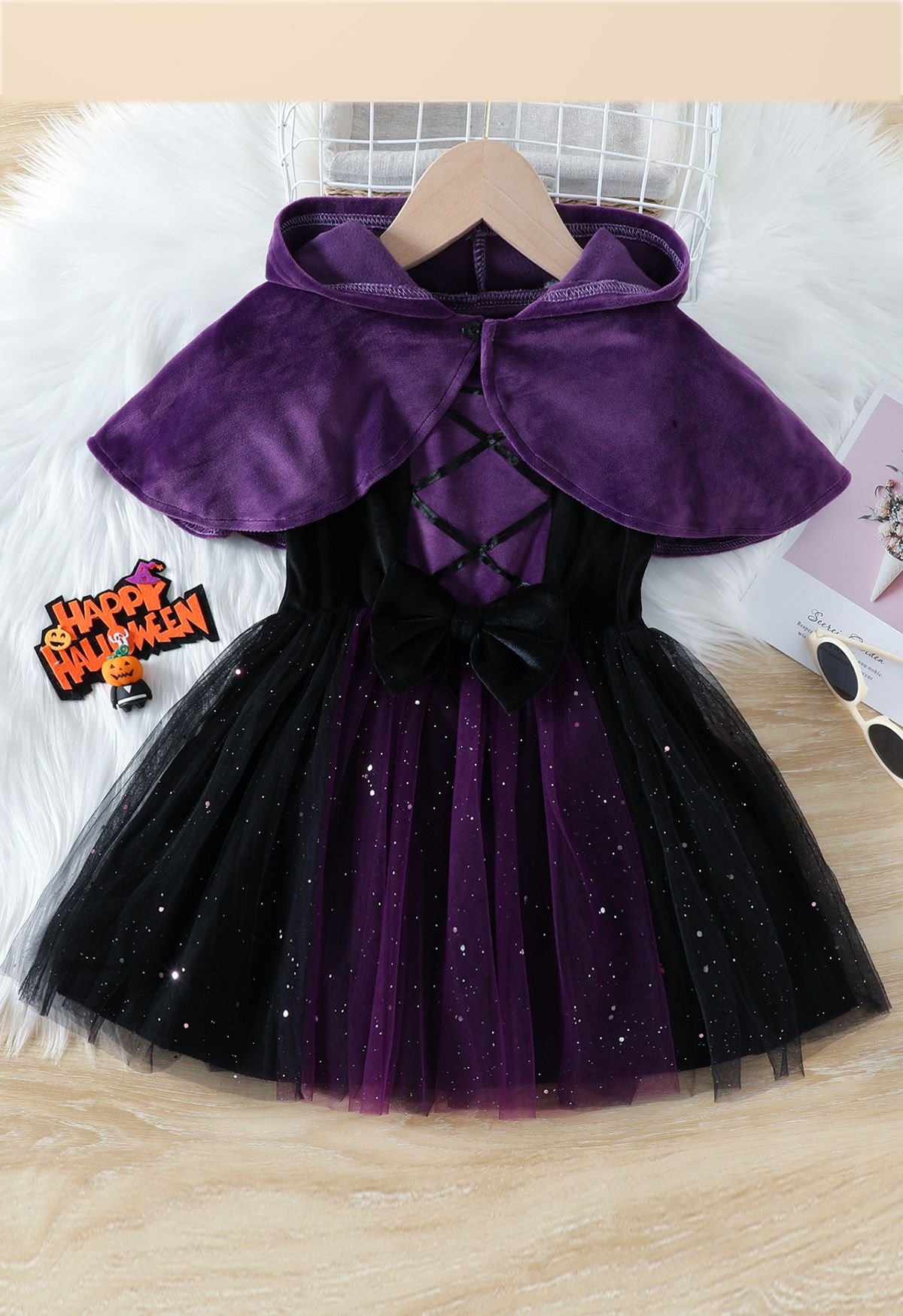 Little Princess Glittery Mesh Dress with Hooded Cape