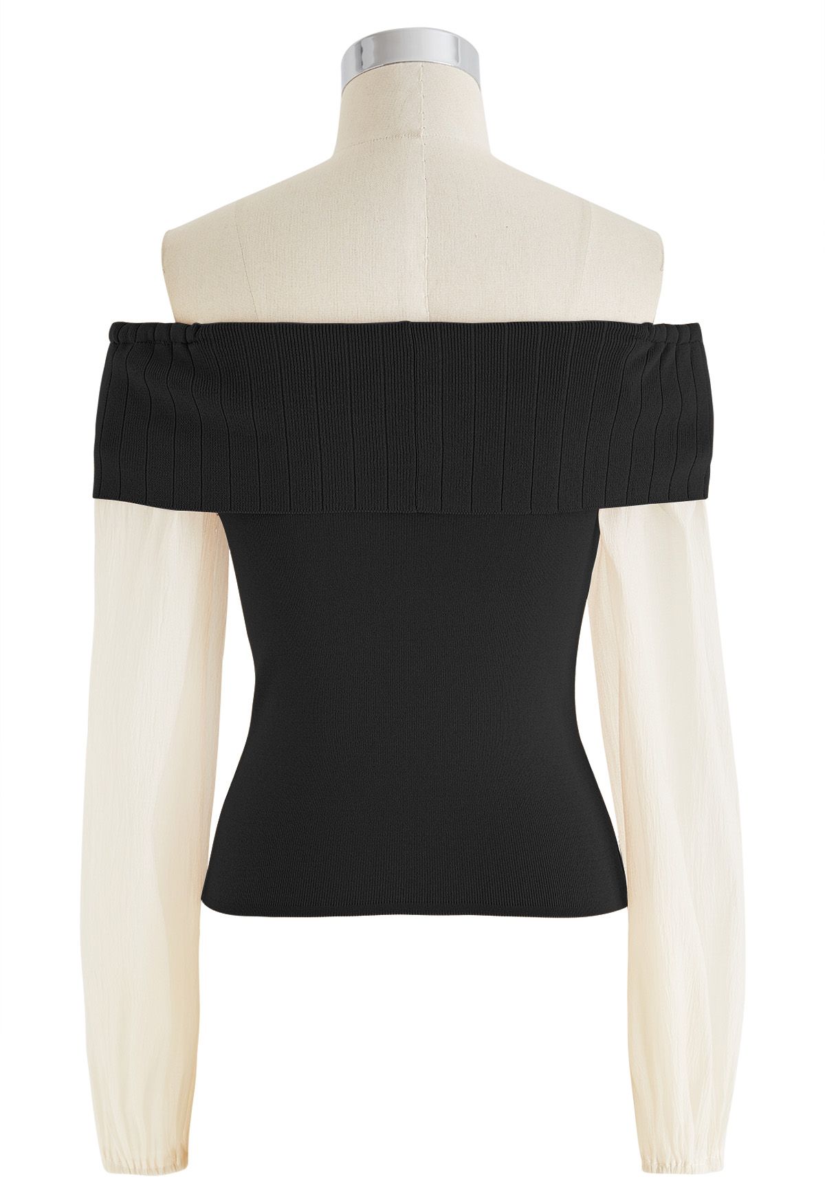 Off-Shoulder Sheer Sleeves Knit Crop Top in Black