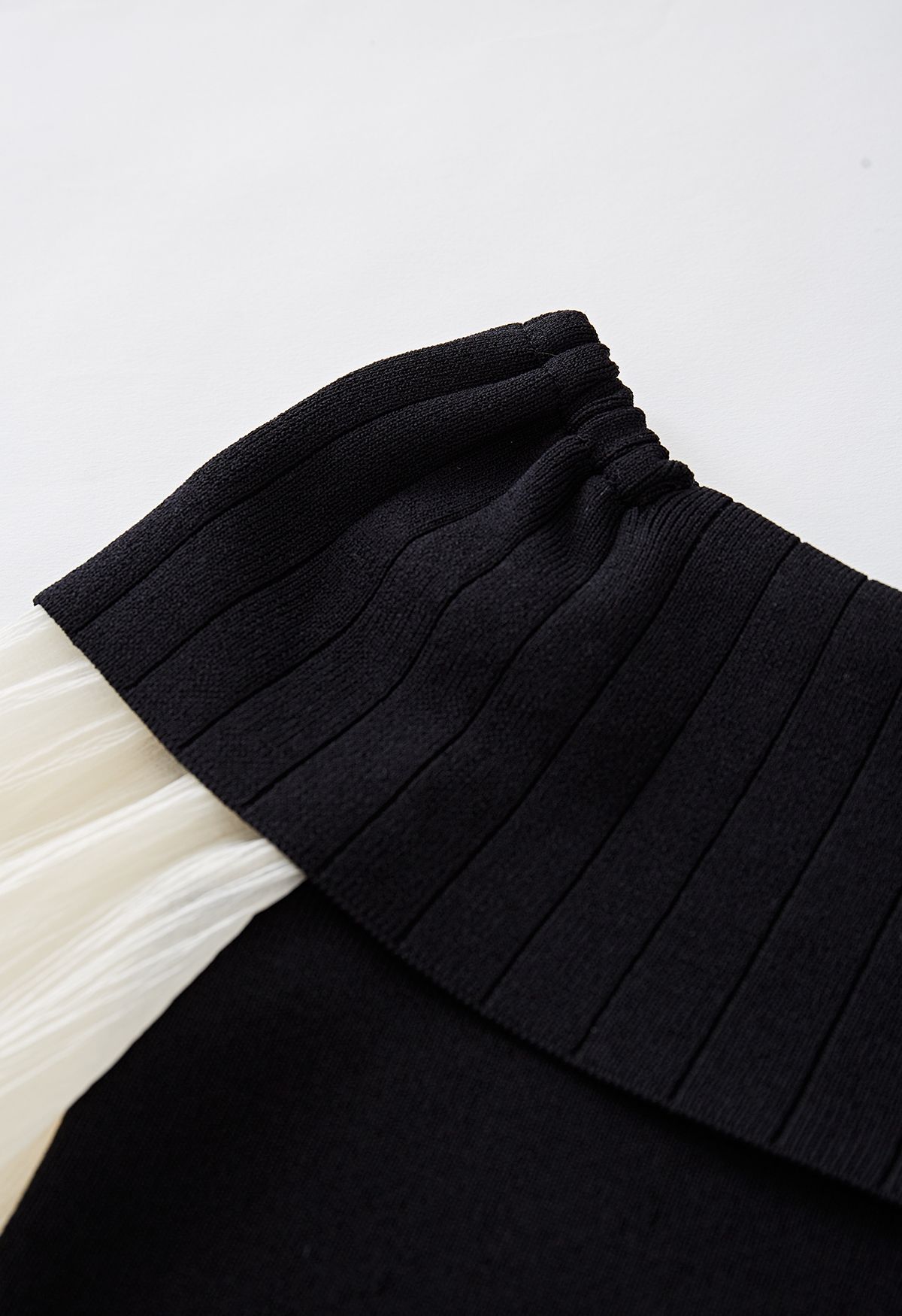 Off-Shoulder Sheer Sleeves Knit Crop Top in Black