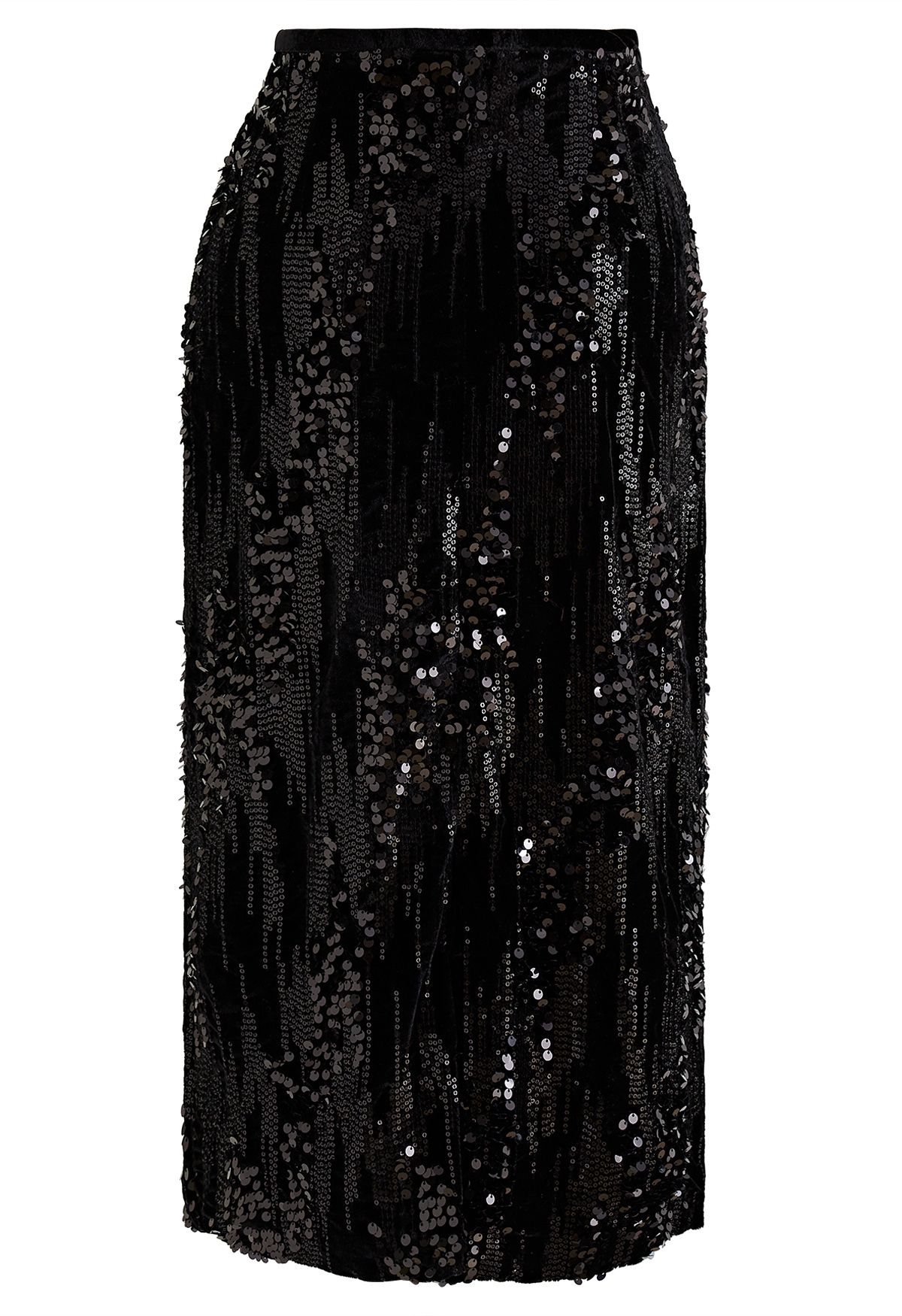 Velvet Sequins Embellished Pencil Skirt in Black