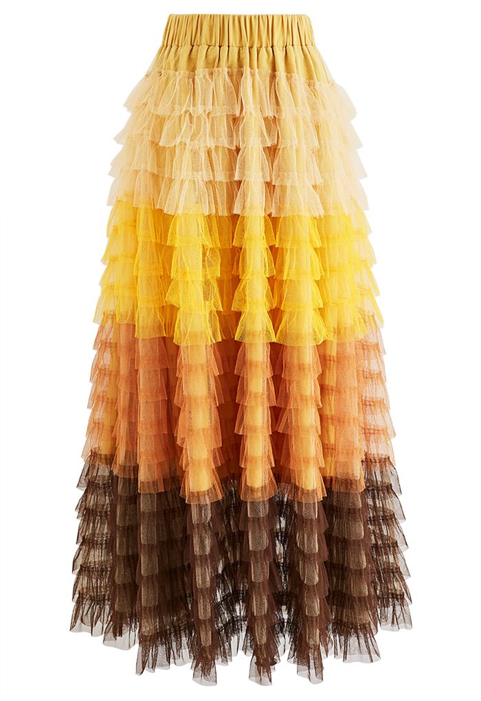 Swan Cloud Ombre Tiered Tulle Maxi Skirt in Yellow