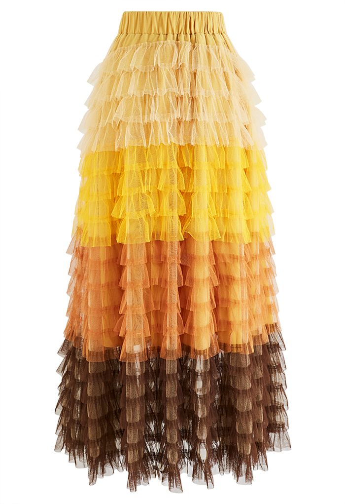 Swan Cloud Ombre Tiered Tulle Maxi Skirt in Yellow