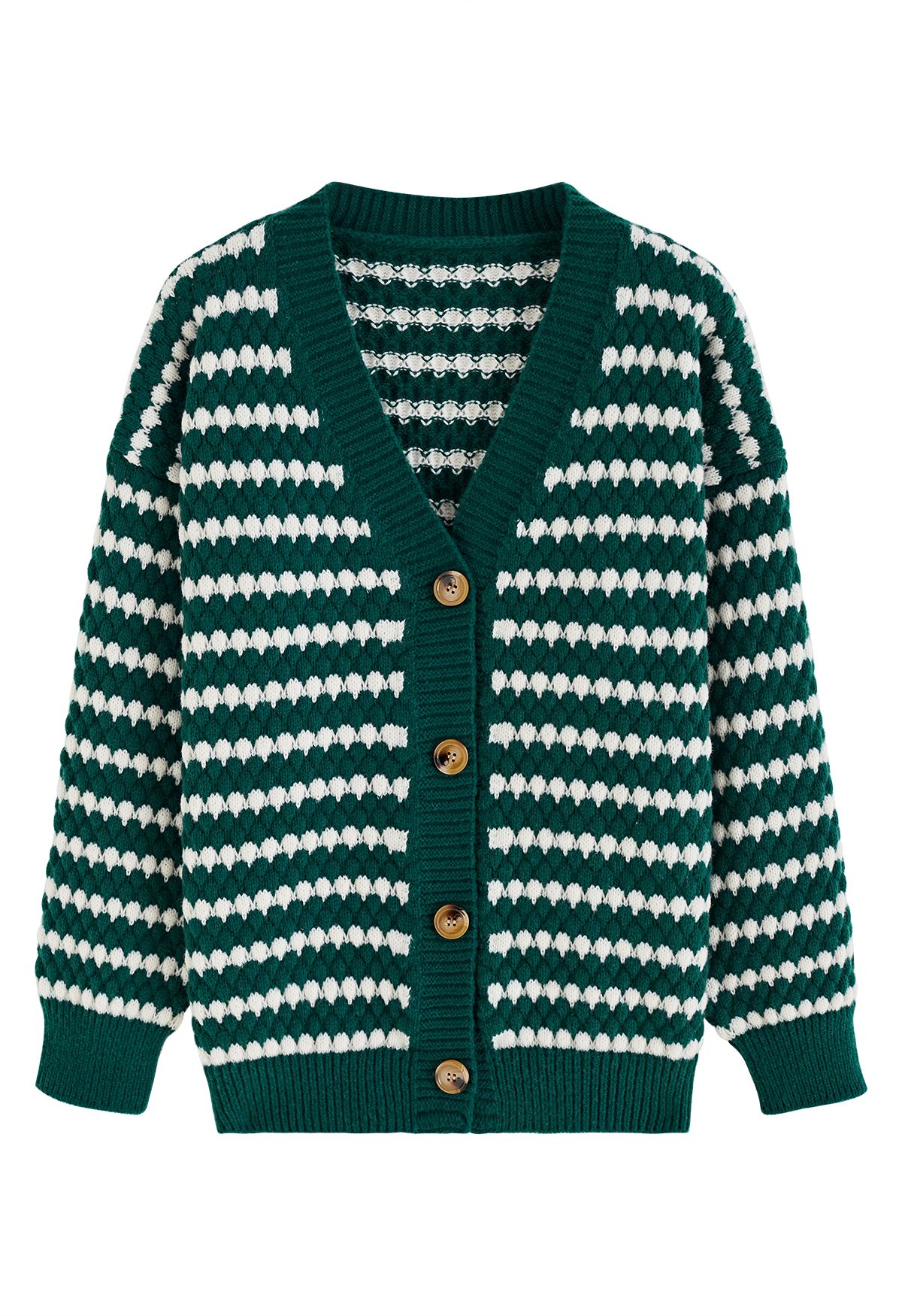 Button Down Striped Embossed Knit Cardigan in Green