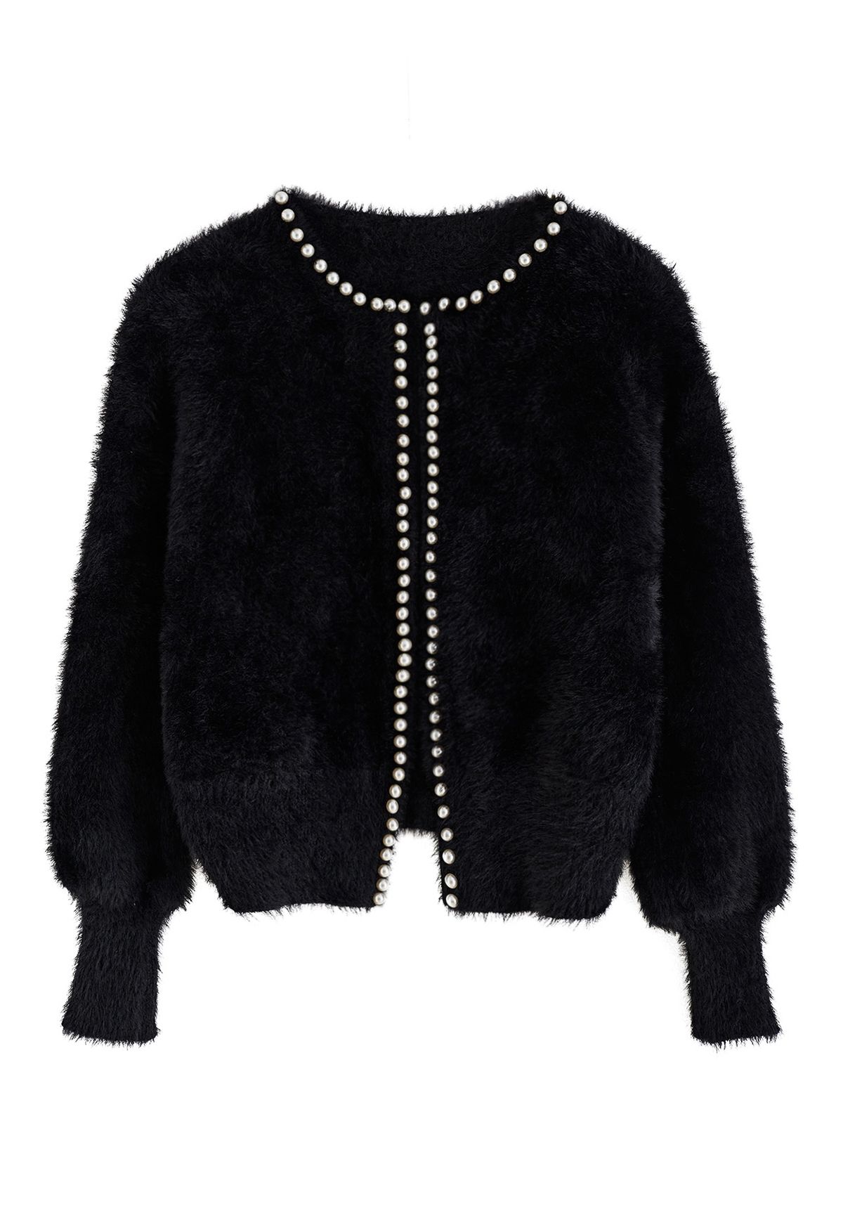 Open Front Pearly Fuzzy Knit Cardigan in Black