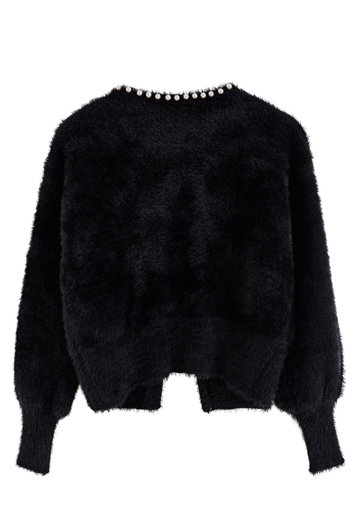 Open Front Pearly Fuzzy Knit Cardigan in Black