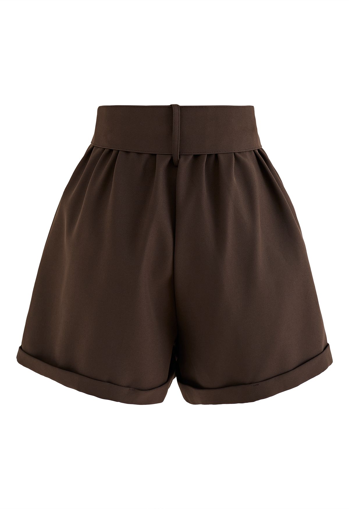 Buttoned Belt Slouchy Cuffed Hem Shorts in Brown